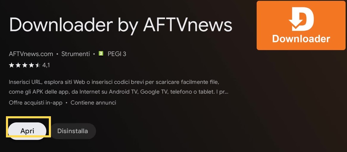 Apri Downloader — area da selezionare evidenziata in giallo.